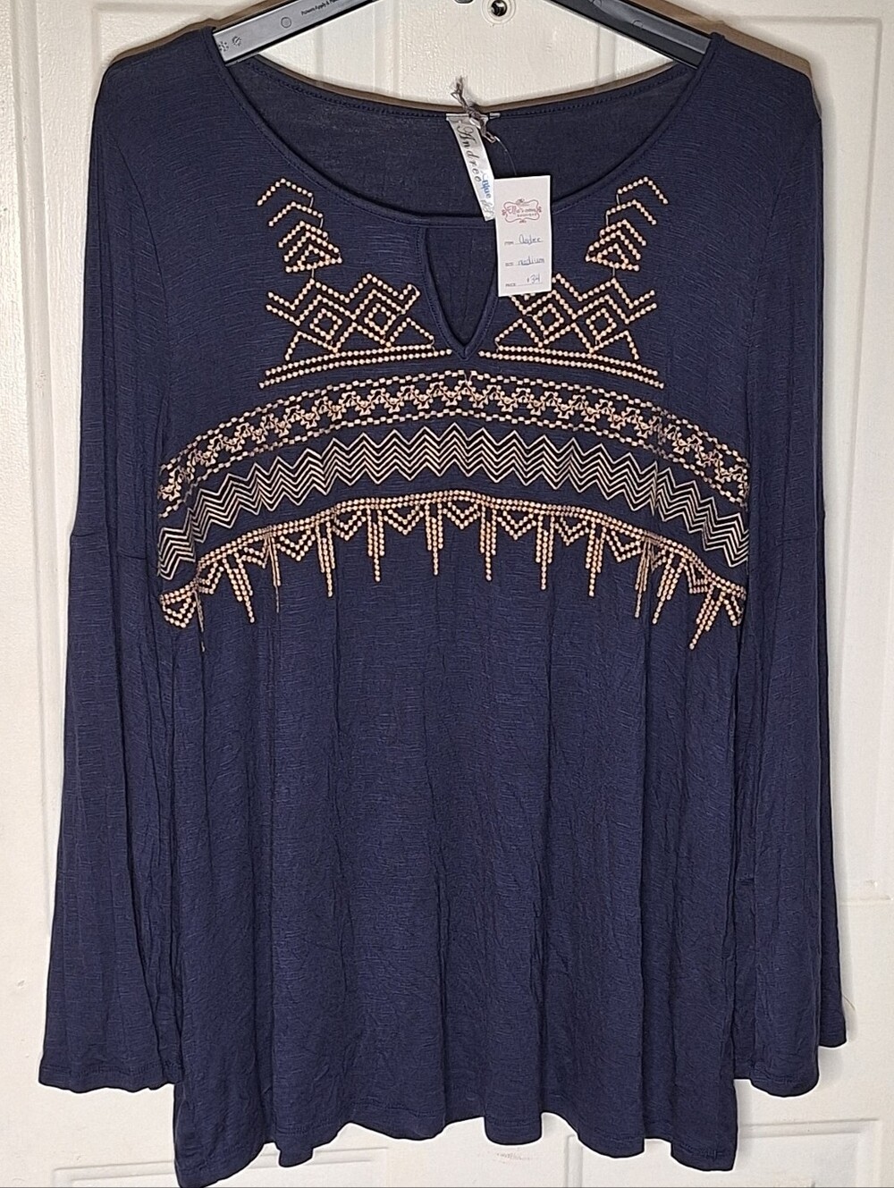 NWT Andree Blue Embellished Top~Botique Find~Embroidered Shirt~Boho~Medium